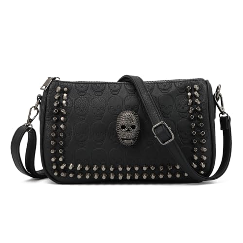 LHHMZ Damen Gothic Totenkopf Taschen Schwarze Totenkopf Nieten Umhängetasche Totenkopf Messenger Handtasche von LHHMZ