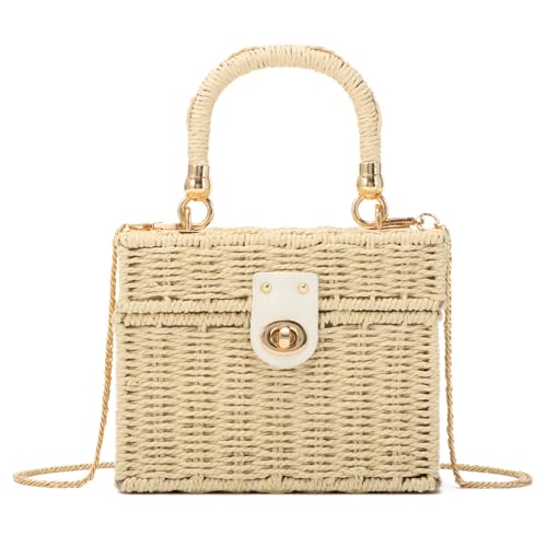 LHHMZ Frauen handgeflochtene Rattan Square Tote Strohkorb Tasche Damen Sommer Strandtasche Wicker Umhängetasche von LHHMZ