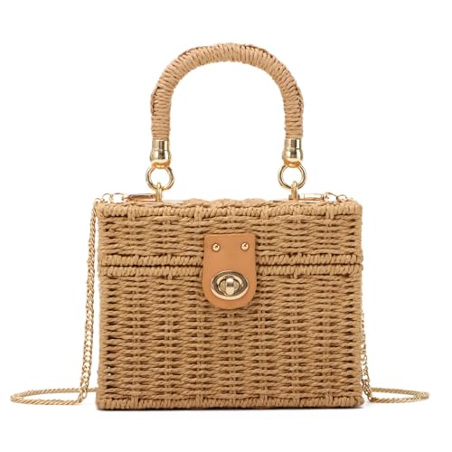 LHHMZ Frauen handgeflochtene Rattan Square Tote Strohkorb Tasche Damen Sommer Strandtasche Wicker Umhängetasche von LHHMZ