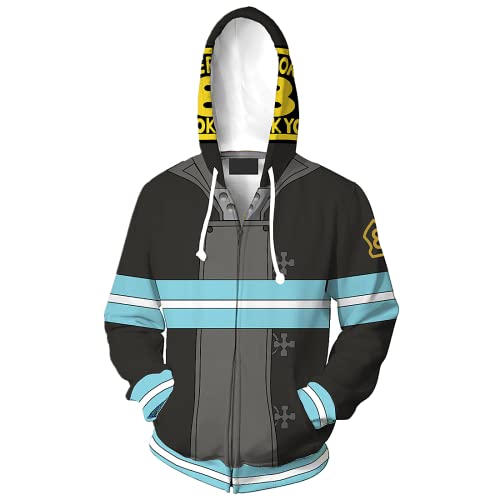 Anime Fire Force Cosplay Shinra Kusakabe Zipper Hoodie Pullover,Unisex 3D Digitaldruck Casual Sweatshirt, grau, M von LHHZDH