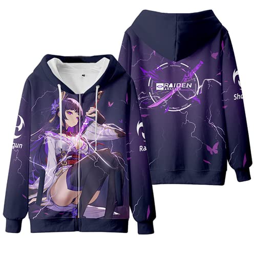 Game Genshin Impact Cosplay Raiden Shogun Hoodie, 2022 3D Druck Reißverschluss Sweatshirt für Genshin Impact Fans, Lila 3, L von LHHZDH