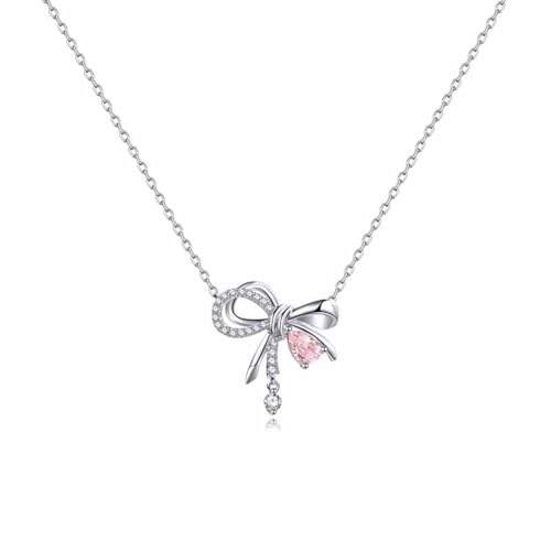 LHJHZDJC Halskette Mode Damen Stempel Silber Halskette Rosa Kristall Schmetterling Schleife Schmuck Geschenke für Mädchen Schmuck Geschenke von LHJHZDJC