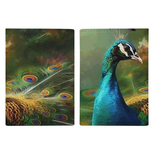 LHJKB Reisepasshülle aus strapazierfähigem PU-Material mit buntem Pfauen-Druck, niedlicher Reisepass-Schutzhülle, für Damen und Herren, Reisepasshülle, verschleißfest, Bunte Pfau, 20.3x13.8cm, Modern von LHJKB
