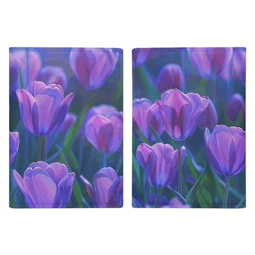 LHJKB Reisepasshülle aus strapazierfähigem PU-Material mit violetten Tulpen, niedlicher Reisepass-Schutzhülle, für Damen und Herren, Reisepasshülle, verschleißfeste Reisepasstasche, A Field of Purple von LHJKB