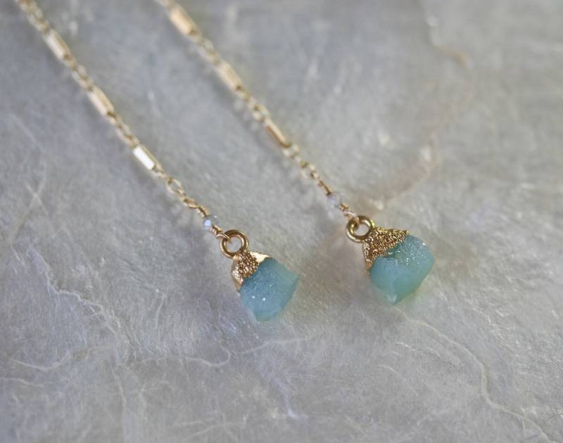 Lange Blaue Druzy Ohrringe, Baumeln Lange Goldketten Ohrringe von LHJewelryBoutique
