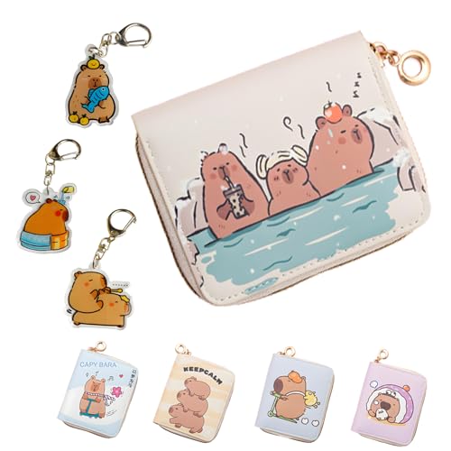 LHLZNB Anime Capybarazip Geldbörsen, 3-teiliges Schlüsselanhänger-Set, Geldbörse für Teenager-Mädchen, PU-Leder-Geldbörsen mit Münzhalter mit Reißverschluss und Kartenfächern mit Schwanz und Knöcheln, von LHLZNB