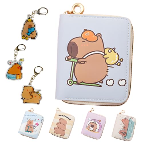 LHLZNB Anime Capybarazip Geldbörsen, 3-teiliges Schlüsselanhänger-Set, Geldbörse für Teenager-Mädchen, PU-Leder-Geldbörsen mit Münzhalter mit Reißverschluss und Kartenfächern mit Schwanz und Knöcheln, von LHLZNB