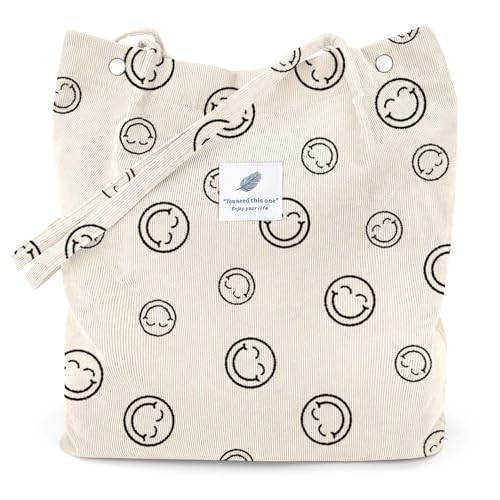 LHMTQVK Cord-Tragetaschen für Damen, große Kapazität, wiederverwendbare Einkaufs-Umhängetasche mit Innentaschen, Smile, Large, Smile LHMTQVK Cord-Tragetaschen für Damen, große Kapazität, wiederverwendbare Einkaufs-Umhängetasche mit Innentaschen, Smile, Large, Smile von LHMTQVK
