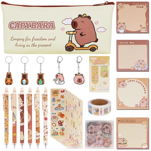 Capybara Federmäppchen Mädchen Jungen 48 Stück Capybara Schreibwaren Set für Kinder Schlüsselanhänger Capybara Mäppchen Kawaii Federmäppchen Wasserschwein Aufkleber Capybara Stifte Cute Pencil Case von LHOEST