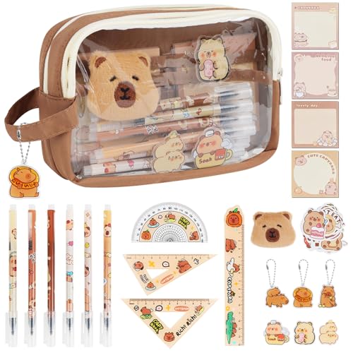 Capybara Federmäppchen Mädchen Jungen 52PCS Capybara Schreibwaren Set Schlüsselanhänger Capybara Mäppchen mit 5 Fächer Kawaii Federmäppchen Wasserschwein Aufkleber Capybara Stifte Cute Pencil Case von LHOEST