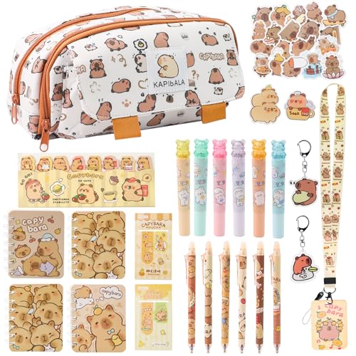 Capybara Federmäppchen Mädchen Jungen 67 PCS Notizbuch Capybara Schreibwaren Set Schlüsselanhänger Capybara Mäppchen 3 Fächer Kawaii Federmäppchen Wasserschwein Aufkleber Capybara Stifte Radierbarer von LHOEST