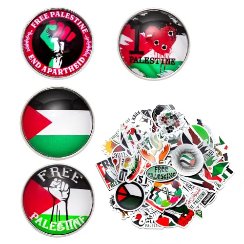 LHOEST 64 Stück Palästina Pin Set, Palästina Flagge Revers Pin mit 60Pcs Aufkleber, Palestine Flag National Emaille Pin Metal Badge, Palästina Flagge Brosche Pins Abzeichen von LHOEST