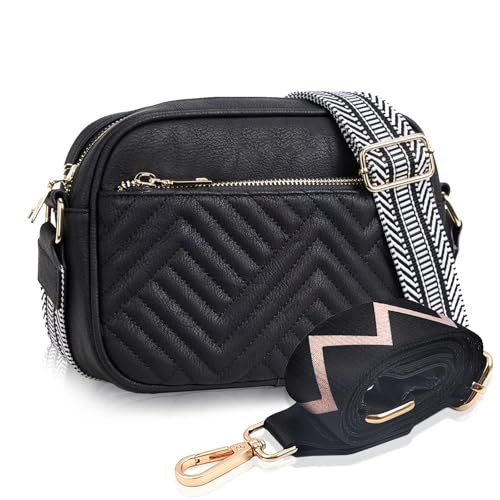 LHOEST Leder Kleine Umhängetasche Damen, Crossbody Bag Damen mit 2 Breitem Schultergurt, Schultertasche damen-umhängetaschen mit 3 Reißverschlussfächern, Schwarz Umhängetasche Klein für Reisen von LHOEST