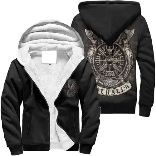 LHQLS Wikinger Compass Herren Kapuzenjacke Odin Sweatshirt Langarm Kapuzenpullover Mit Reißverschluss Winter Dicker Warm Sherpa Innenseite Hoodie Jacke Winterjacke Mit Kapuze(Compass,3XL) von LHQLS