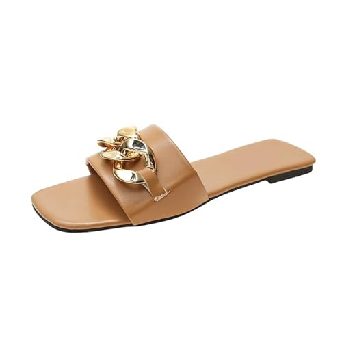 LHSJYG Hausschuhe Damen Damen Hausschuhe Flache Slide Sandalen Strand Offene Zehen Lässige(Khaki,39) von LHSJYG