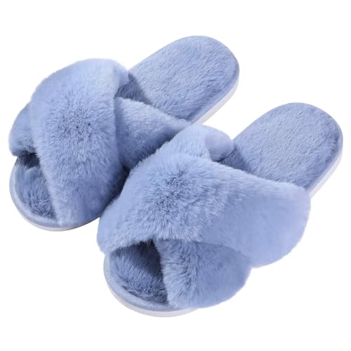LHSJYG Hausschuhe Damen Damen Hausschuhe Memory Foam Offene Zehen Plüsch Slides Casual Flat Schuh(Blue,40-41) von LHSJYG