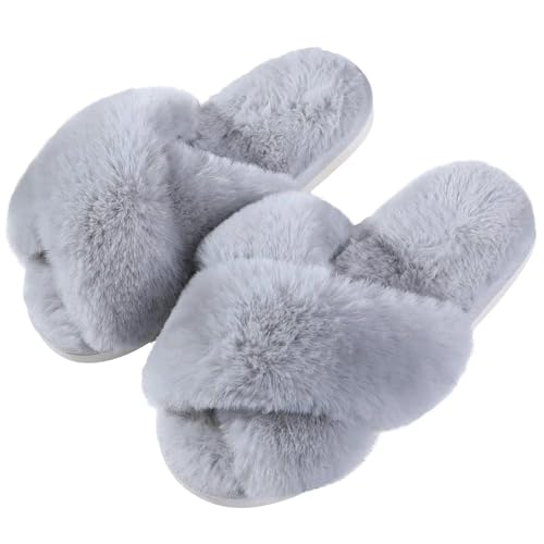 LHSJYG Hausschuhe Damen Damen Hausschuhe Memory Foam Offene Zehen Plüsch Slides Casual Flat Schuh(Grey 1,44-45) von LHSJYG
