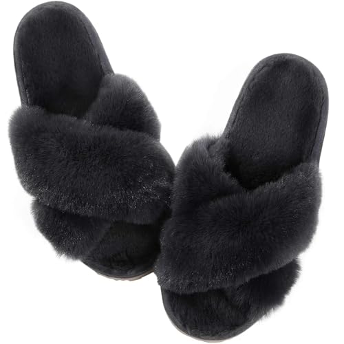 LHSJYG Hausschuhe Damen Damen Hausschuhe Memory Foam Offene Zehen Plüsch Slides Casual Flat Schuh(Grey 3,38-39) von LHSJYG