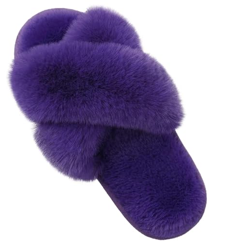 LHSJYG Hausschuhe Damen Damen Hausschuhe Memory Foam Offene Zehen Plüsch Slides Casual Flat Schuh(Purple 2,40-41) von LHSJYG