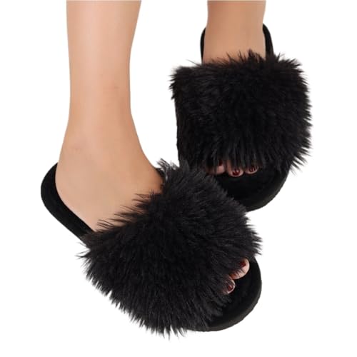 LHSJYG Hausschuhe Damen Damen Plüsch Hausschuhe Leichte Offene Zehen Slides(Black,38-39) von LHSJYG