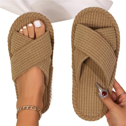 LHSJYG Hausschuhe Damen Frauen Hausschuhe Hause Band Offene Spitze Schuhe Frau Indoor Slipper Licht(Khaki,38-39) von LHSJYG