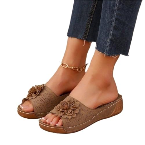 LHSJYG Hausschuhe Damen Plus Size Flower Plateau Rutschfeste Sandalen Offene Zehenpartie Ausgehöhlte Hausschuhe(Brown,43) von LHSJYG
