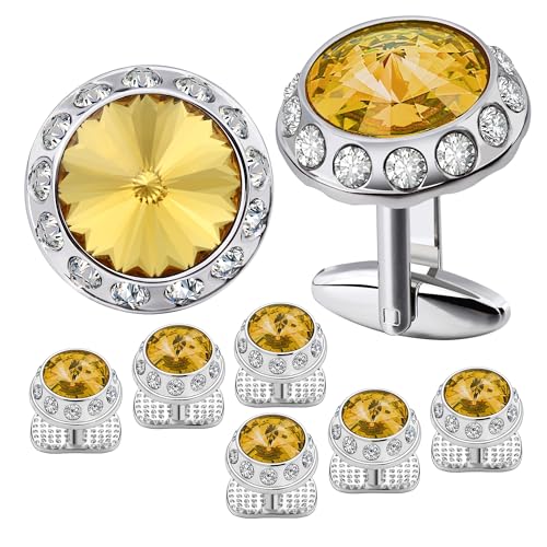 Manschettenknöpfe Birthstone Tuxedo Studs and Cufflinks Set Mens Suit Formal Dress Shirt(Gold) von LHSJYG