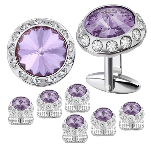 Manschettenknöpfe Birthstone Tuxedo Studs and Cufflinks Set Mens Suit Formal Dress Shirt(Light purple) von LHSJYG