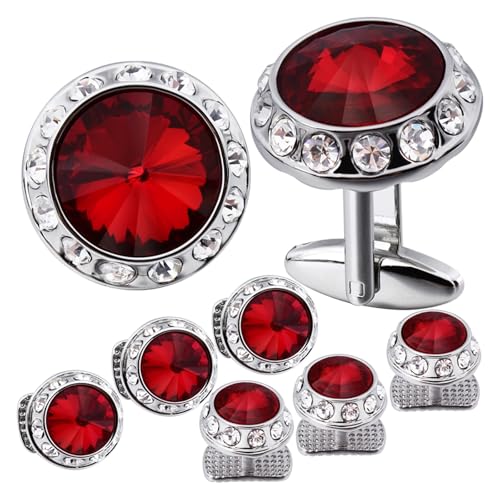 Manschettenknöpfe Birthstone Tuxedo Studs and Cufflinks Set Mens Suit Formal Dress Shirt(Red Crytal) von LHSJYG