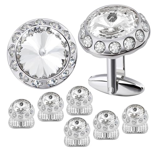 Manschettenknöpfe Birthstone Tuxedo Studs and Cufflinks Set Mens Suit Formal Dress Shirt(White Crytal) von LHSJYG