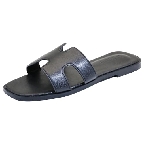 Flache Damen-Sandalen, Slip-on-Lederpantoffeln, bequeme, elegante flache Schuhe, elegante Slides, Sommer, Herbst, niedlich, offener Zehenbereich, lässig, Schwarz , 40 EU Flache Damen-Sandalen, Slip-on-Lederpantoffeln, bequeme, elegante flache Schuhe, elegante Slides, Sommer, Herbst, niedlich, offener Zehenbereich, lässig, Schwarz , 40 EU von LHXYUO
