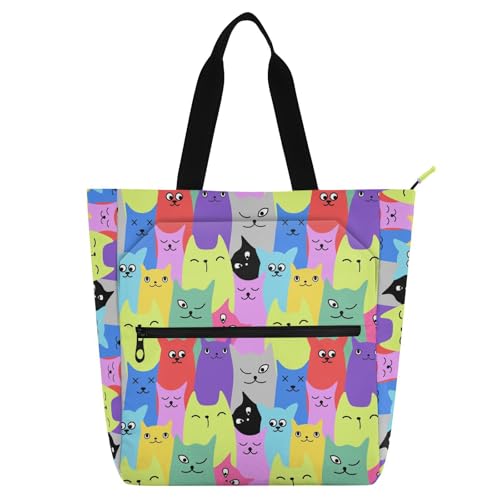 LI ZHI XIN Damen Handtaschen Shopper Tote Bag School Wiederverwendbar Arbeit Alltag Tasche Wasserdicht Oxford Mit ReißVerschluss 3 Pockets Buntes Katzen-Tiermuster von LI ZHI XIN