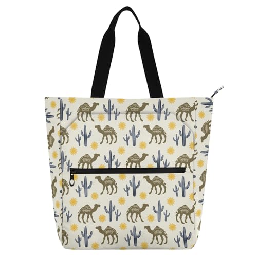 LI ZHI XIN Damen Handtaschen Shopper Tote Bag School Wiederverwendbar Arbeit Alltag Tasche Wasserdicht Oxford Mit ReißVerschluss 3 Pockets Kamelkaktus Sonne von LI ZHI XIN