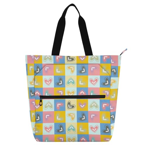 LI ZHI XIN Damen Handtaschen Shopper Tote Bag School Wiederverwendbar Arbeit Alltag Tasche Wasserdicht Oxford Mit ReißVerschluss 3 Pockets Kariertes herzförmiges Muster von LI ZHI XIN