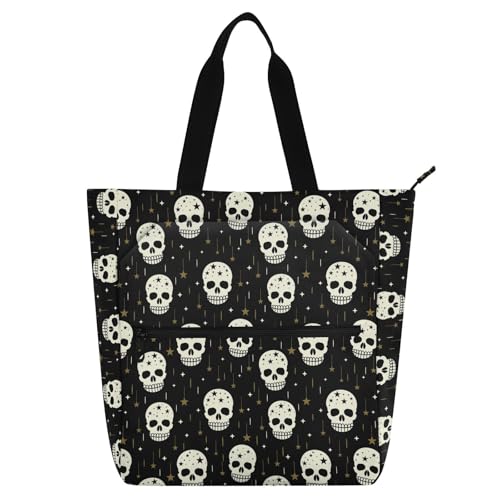 LI ZHI XIN Damen Handtaschen Shopper Tote Bag School Wiederverwendbar Arbeit Alltag Tasche Wasserdicht Oxford Mit ReißVerschluss 3 Pockets Schädelmuster von LI ZHI XIN