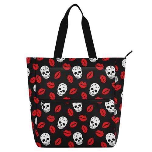 LI ZHI XIN Damen Handtaschen Shopper Tote Bag School Wiederverwendbar Arbeit Alltag Tasche Wasserdicht Oxford Mit ReißVerschluss 3 Pockets Skelett-Lippen-Muster von LI ZHI XIN
