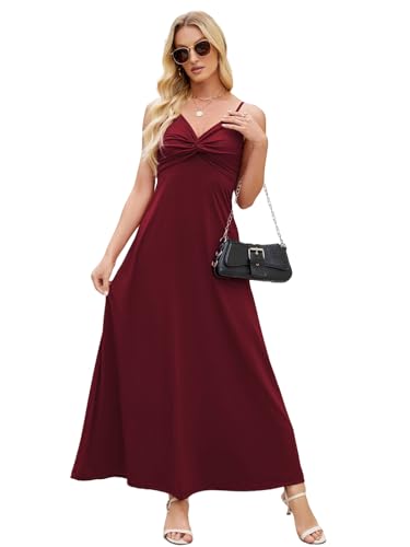 LIAMERHE Damen Ärmellos Sommer Kleid A-Linie Strandkleid Spaghettitrger Freizeitkleid V-Ausschnitt Elegant Lang Kleider Hohe Taille Boho Kleid Burgund M von LIAMERHE