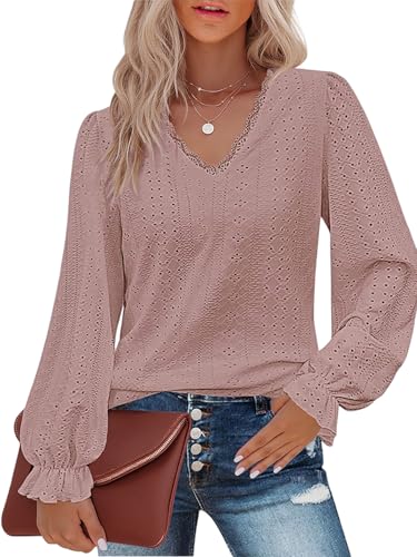 LIAMERHE Damen Blusen Spitzen V-Ausschnitt Oberteil Sommer Lange Spitzenärmel Elegant Hemd Casual Lose Tops Cutout Blouse Shirts Frühling Herbst Dunkelrosa XXL von LIAMERHE