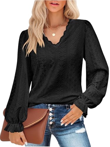 LIAMERHE Damen Blusen Spitzen V-Ausschnitt Oberteil Sommer Lange Spitzenärmel Elegant Hemd Casual Lose Tops Cutout Blouse Shirts Frühling Herbst Schwarz M von LIAMERHE