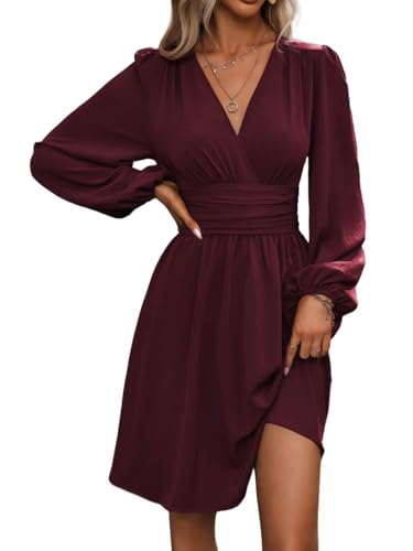 LIAMERHE Damen Elegant Kleid Langarm V-Ausschnitt Casual Kleider A-Linie Winterkleider Blumenmuster Minikleid Freizeitkleider Herbst Winter Laternenärmeln Kleid Fuchsia S von LIAMERHE