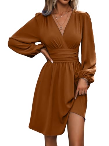 LIAMERHE Damen Elegant Kleid Langarm V-Ausschnitt Casual Kleider A-Linie Winterkleider Blumenmuster Minikleid Freizeitkleider Herbst Winter Laternenärmeln Kleid Karamell XXL von LIAMERHE