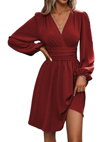 LIAMERHE Damen Elegant Kleid Langarm V-Ausschnitt Casual Kleider A-Linie Winterkleider Blumenmuster Minikleid Freizeitkleider Herbst Winter Laternenärmeln Kleid Partykleid Burgund XXL von LIAMERHE