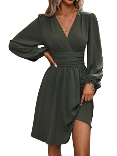LIAMERHE Damen Elegant Kleid Langarm V-Ausschnitt Casual Kleider A-Linie Winterkleider Blumenmuster Minikleid Freizeitkleider Herbst Winter Laternenärmeln Kleid Partykleid Grün XXL von LIAMERHE