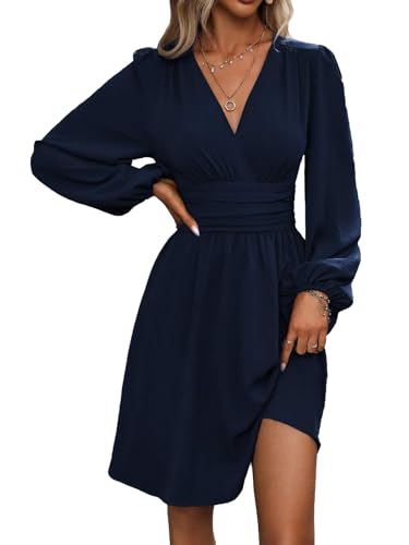 LIAMERHE Damen Elegant Kleid Langarm V-Ausschnitt Casual Kleider A-Linie Winterkleider Blumenmuster Minikleid Freizeitkleider Herbst Winter Laternenärmeln Kleid Partykleid Marine L von LIAMERHE