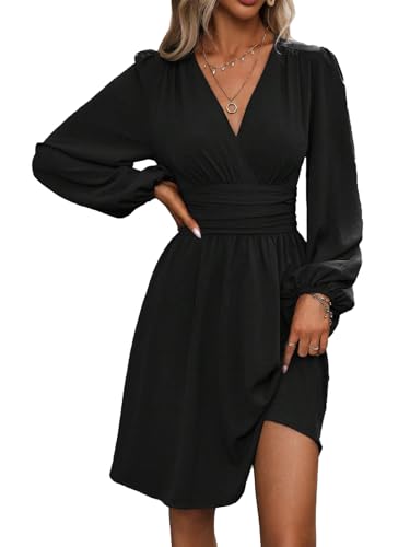 LIAMERHE Damen Elegant Kleid Langarm V-Ausschnitt Casual Kleider A-Linie Winterkleider Blumenmuster Minikleid Freizeitkleider Herbst Winter Laternenärmeln Kleid Partykleid Schwarz L von LIAMERHE