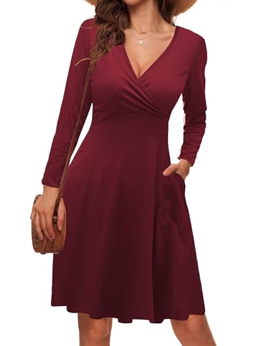 LIAMERHE Damen Elegant Kleid Langarm V-Ausschnitt Casual Kleider A-Linie Winterkleider Blumenmuster Minikleid Mode Freizeitkleider Herbst Winter Partykleid Burgund XXL von LIAMERHE
