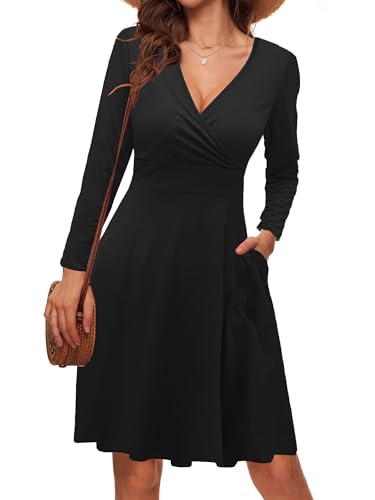 LIAMERHE Damen Elegant Kleid Langarm V-Ausschnitt Casual Kleider A-Linie Winterkleider Blumenmuster Minikleid Mode Freizeitkleider Herbst Winter Partykleid Schwarz XXL von LIAMERHE