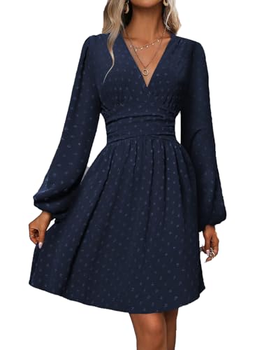 LIAMERHE Damen Elegant Kleid Langarm V-Ausschnitt Casual Swiss Dot Kleider A-Linie Winterkleider Blumenmuster Minikleid Freizeitkleider Herbst Winter Laternenärmeln Kleid Partykleid Marine L von LIAMERHE