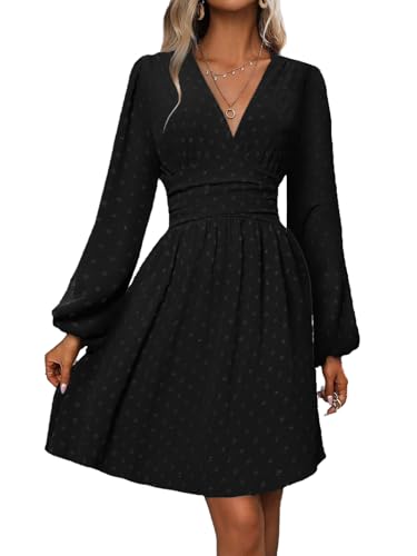 LIAMERHE Damen Elegant Kleid Langarm V-Ausschnitt Casual Swiss Dot Kleider A-Linie Winterkleider Blumenmuster Minikleid Freizeitkleider Herbst Winter Laternenärmeln Kleid Partykleid Schwarz XXL von LIAMERHE
