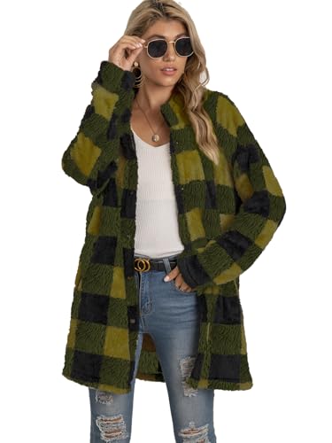 LIAMERHE Damen Fleecejacke Flanell Plaid Jacke mit Druckknopf Langarm Herbst Winter Warm Top Weiche Freizeitjacke Plüschjacke Wintermantel Teddyjacke für Frauen Parka Cardigan Grün L von LIAMERHE